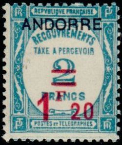 timbre Andorre Taxe 13 légende : Timbre de 1927-1931 (recouvrement) avec surchage ''ANDORRE''