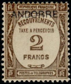 timbre Andorre Taxe 14 légende : Timbre de 1927-1931 (recouvrement) avec surchage ''ANDORRE''