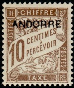 timbre Andorre Taxe 2 légende : Timbre taxe de France avec surchage ''ANDORRE''