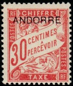 timbre Andorre Taxe 3 légende : Timbre taxe de France avec surchage ''ANDORRE''