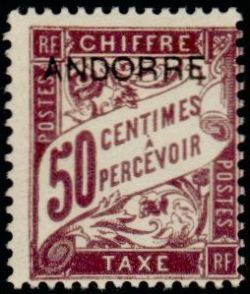 timbre Andorre Taxe 4 légende : Timbre taxe de France avec surchage ''ANDORRE''