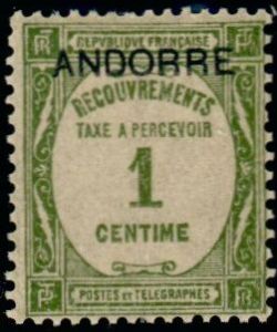 timbre Andorre Taxe 9 légende : Timbre de 1927-1931 (recouvrement) avec surchage ''ANDORRE''
