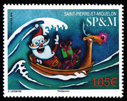 timbre de Saint-Pierre et Miquelon x légende : Le Père Noël au vent de sa bouée