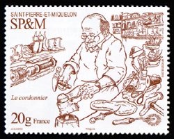 timbre de Saint-Pierre et Miquelon x légende : Les métiers anciens - Le cordonnier