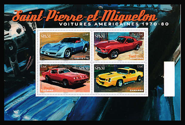 timbre de Saint-Pierre et Miquelon x légende : Voitures américaines 1970-80