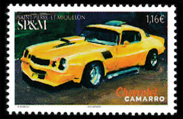 timbre de Saint-Pierre et Miquelon x légende : Voitures américaines 1970-80
