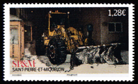 timbre de Saint-Pierre et Miquelon x légende : Véhicules anciens déneigement