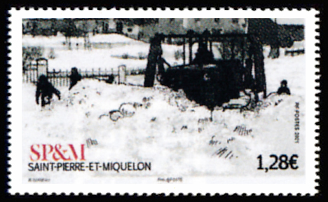 timbre de Saint-Pierre et Miquelon x légende : Véhicules anciens déneigement