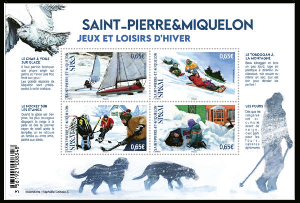 timbre de Saint-Pierre et Miquelon x légende : Jeux et loisirs d'hiver