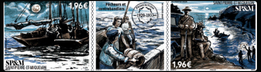 timbre de Saint-Pierre et Miquelon x légende : Pêcheurs et contrebandiers