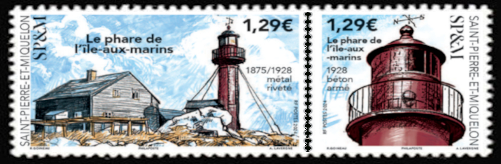 timbre de Saint-Pierre et Miquelon x légende : La phare de l'ile aux marins
