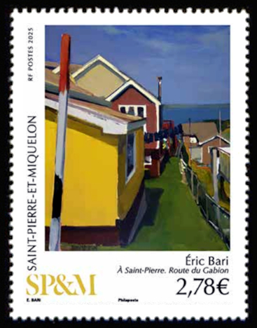 timbre de Saint-Pierre et Miquelon x légende : A Saint-Pierre route du Gabion