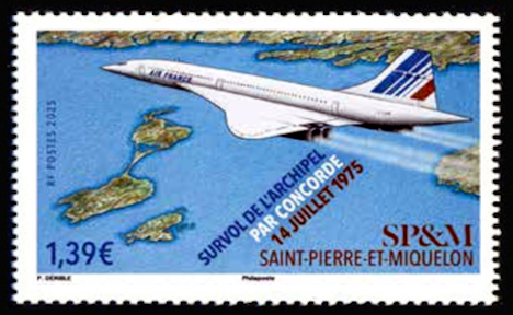 timbre de Saint-Pierre et Miquelon x légende : Survole du Concorde en 1975