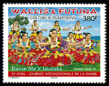 timbre de Wallis et Futuna x légende : Journée internationale de la danse -Me'e lakalaka