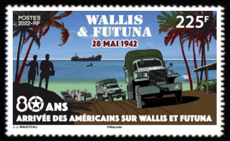 timbre de Wallis et Futuna x légende : 80 ans arrivée des américains sur Wallis et Futunas