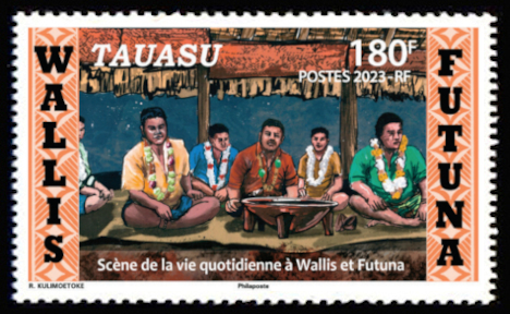 timbre de Wallis et Futuna x légende : Scène de la vie quotidienne à Wallis