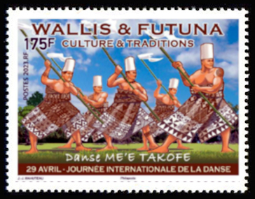 timbre de Wallis et Futuna x légende : Culture et traditions DANSE ME’E TAKOFE