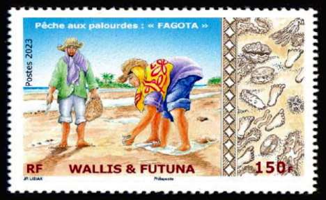 timbre de Wallis et Futuna x légende : Pêche artisanale aux palourdes