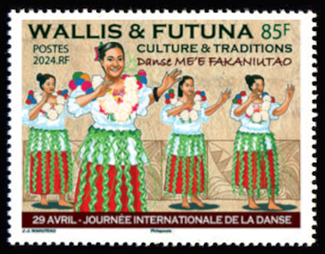 timbre de Wallis et Futuna x légende : Journée internationale de ma danse ME’E FAKANIUTAO