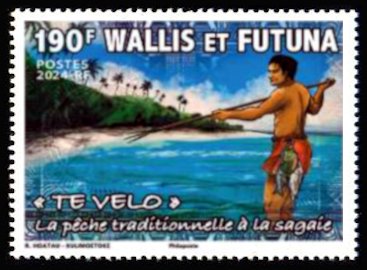 timbre de Wallis et Futuna x légende : Te Velo pêche traditionnelle à la sagaie