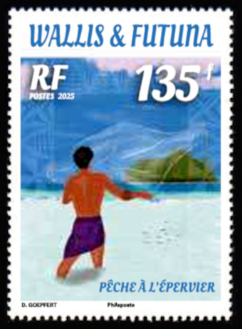 timbre de Wallis et Futuna x légende : Pêcheur à l'épervier