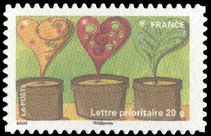  Le timbre fête la terre <br>Plantes cœurs dans des pots