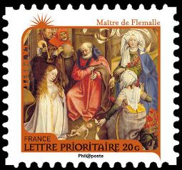 timbre N° 621, Nativité -  Maître de Flémalle (1378-1444)  Adoration des bergers