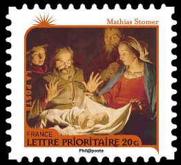 timbre N° 622, Nativité - Matthias Stomer - XVIIe siècle (1600 - v.1650) Adoration des bergers