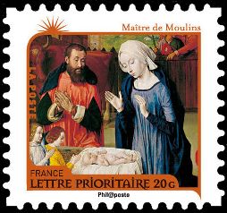 timbre N° 630, Nativité - M de Moulins - XVe (Jean Hey) L'Adoration de l'Enfant Jésus