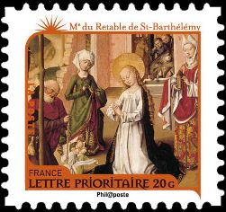 timbre N° 631, Nativité - M du Retable de Saint-Barthélémy (fin XVe-début XVIe siècle) Adoration de l'Enfant