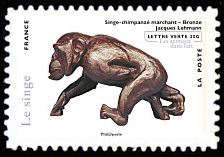 Le singe <br>Série asiatique les animaux dans l'art <br>Singe-chimpanzé marchant, bronze, création de Jacques Lehmann