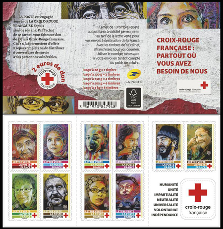 timbre N° BC1719, Carnet Croix -Rouge, chaque timbre est illustré par une oeuvre réalisée au pochoir par l'artiste C215. (Christian  Guémy)