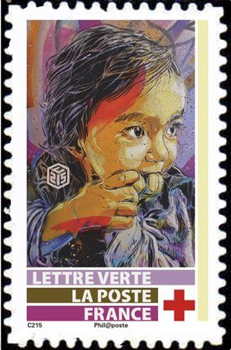 timbre N° 1722, Carnet Croix -Rouge, chaque timbre est illustré par une oeuvre réalisée au pochoir par l'artiste C215. (Christian  Guémy)