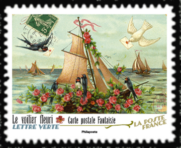  Carte postale fantaisie <br>Le voilier fleuri<br> Carnet «Vous avez 12 messages»