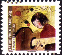 timbre N° 380, Meilleurs vœux - Jeune femme avec guitare
