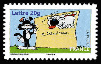  Carnet sourires - Cubitus <br>Tête de Cubitus sur un timbre affranchissant un pli à destination du chat  M.Sénéchal