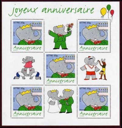 timbre N° 100, Timbre pour anniversaire. Bande dessinée 75 ans de l'éléphant Babar