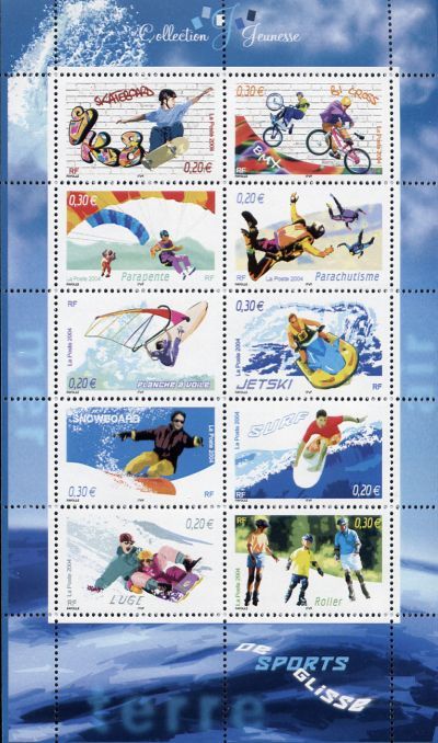 timbre Bloc feuillet N° 76, Collection jeunesse : Les sports de glisse