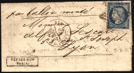 Lettre affranchie d'un timbre 20c bleu Cérès émission dites du siège de Paris