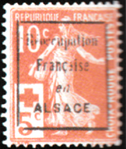  Semeuse avec surcharge croix rouge Timbre non émis suchargé «Réoccupation française en ALSACE» 