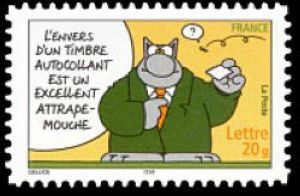 timbre N° 3825, Le chat du dessinateur Philippe Geluck « L'envers d'un timbre autocollant est un excellent attrape-mouche »