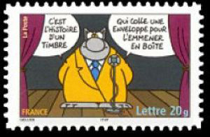 timbre N° 3832, Le chat du dessinateur Philippe Geluck « C'est l'histoire d'un timbre ... qui colle une enveloppe pour l'emmener en boîte »
