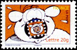 timbre N° 3954, Tête de Cubitus avec un timbre sur La truffe