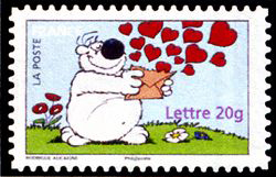 timbre N° 3959, Cubitus tenant un pli d'où s'échappent des coeurs