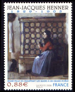  Jean-Jacques Henner, peintre français <br>Jeune fille se chauffant les mains à un grand poêle