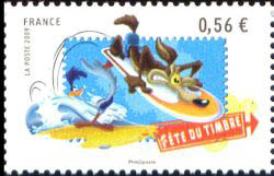 timbre N° 4338, Vil Coyote sur une planche à surf et Bip-Bip