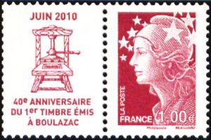 timbre N° 4460, Marianne de Cheffer  40ème anniversaire du 1er timbre poste émis à l'imprimerie de Boulazac (Dordogne)