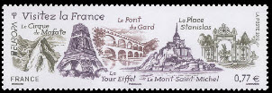  Europa <br>Visitez la France. Le timbre est illustré par les sites les plus connus de France