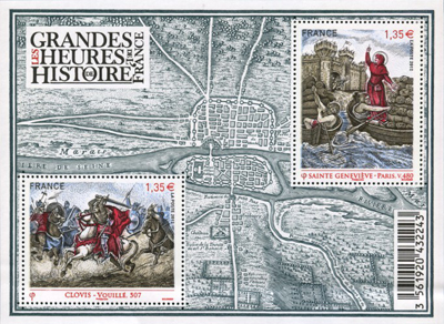 timbre N° F4704, Grande heure de l'histoire de France, Sainte Geneviève (Paris, v. 480), Clovis (Vouillé, v. 507)