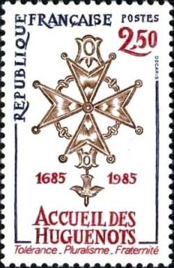  Accueil des Huguenots 1685-1985 <br>Représentation de la croix huguenote<br>Tolérance - Pluralisme - Fraternité